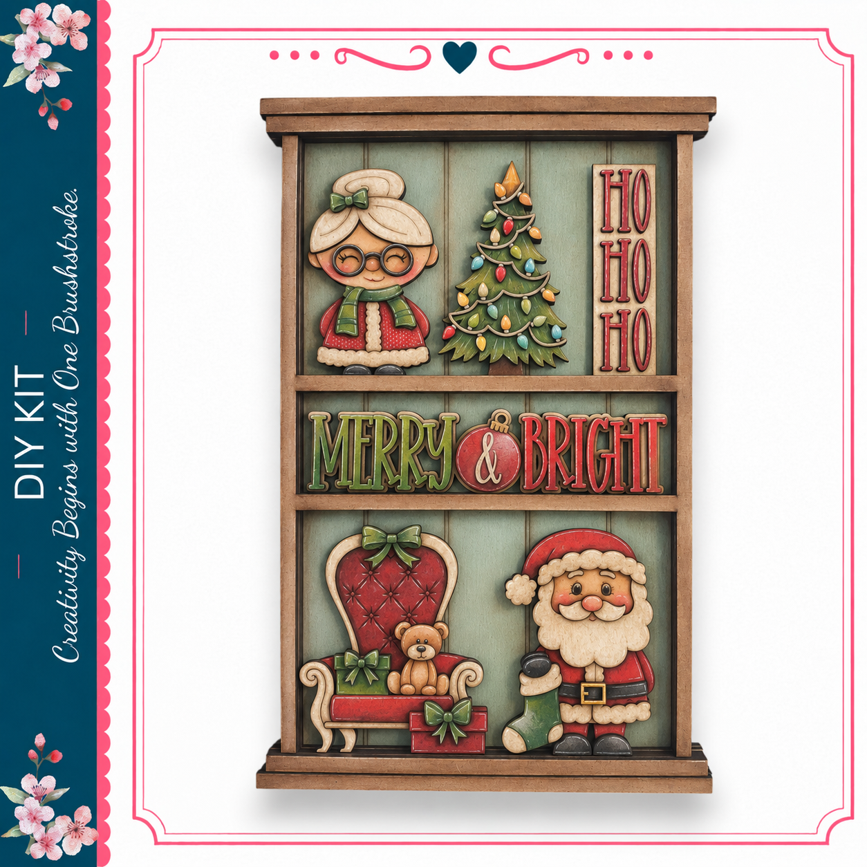 The image is a festive holiday-themed collage featuring a wooden frame with various holiday-themed decorations, including a Christmas tree, Santa Claus, and other holiday-related items.