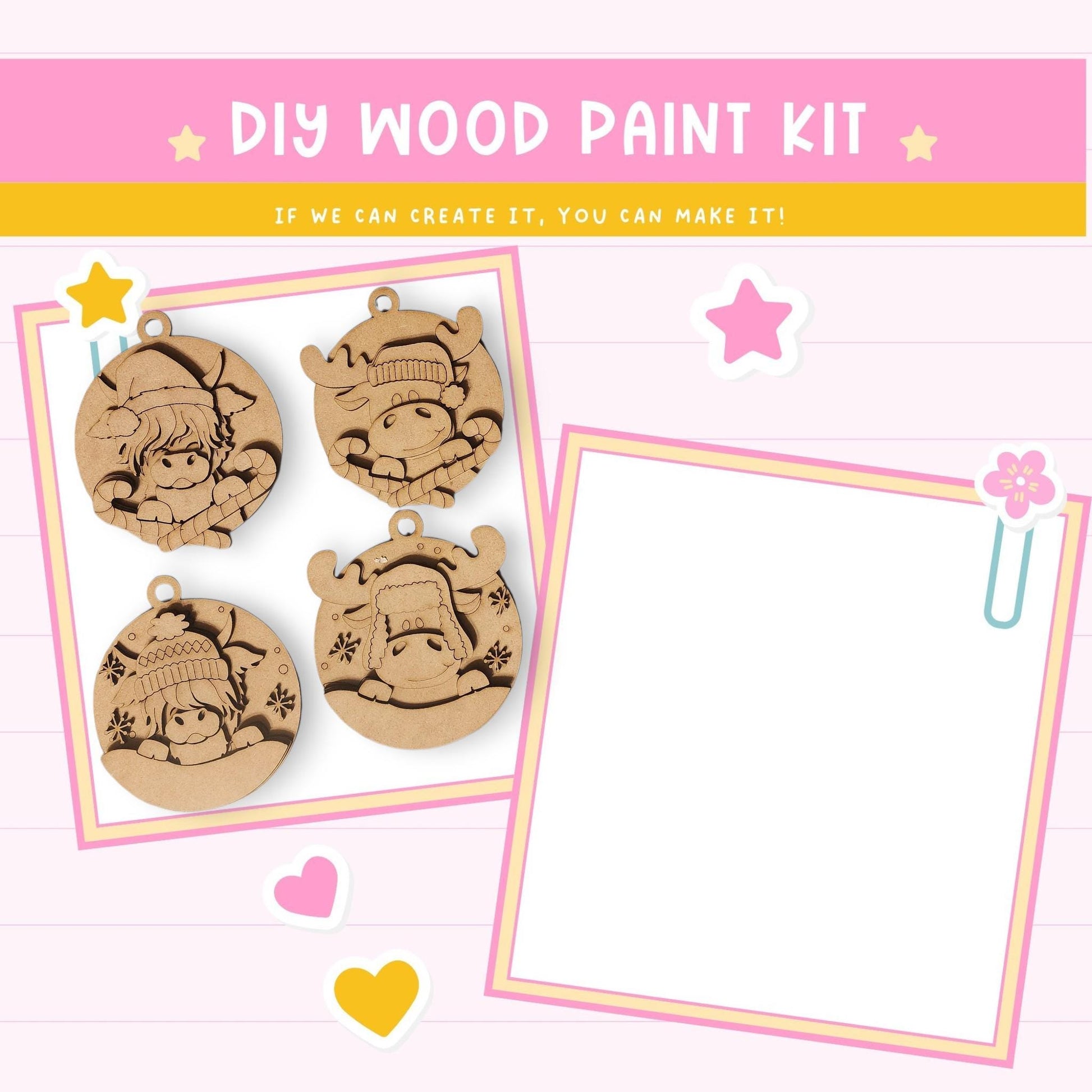 The image is a DIY wood paint kit featuring four wooden ornaments with various designs, including a snowman, a cat, and a bird. The kit appears to be a creative project that allows users to customize their ornaments with different designs and patterns.