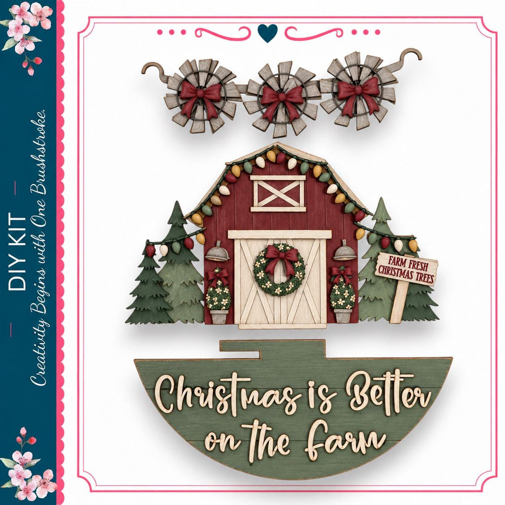 The image is a collage of various Christmas-themed elements, including a barn, windmills, trees, and a sign that says "Farm Fresh Christmas Trees". The overall theme appears to be a festive, holiday-inspired collage.