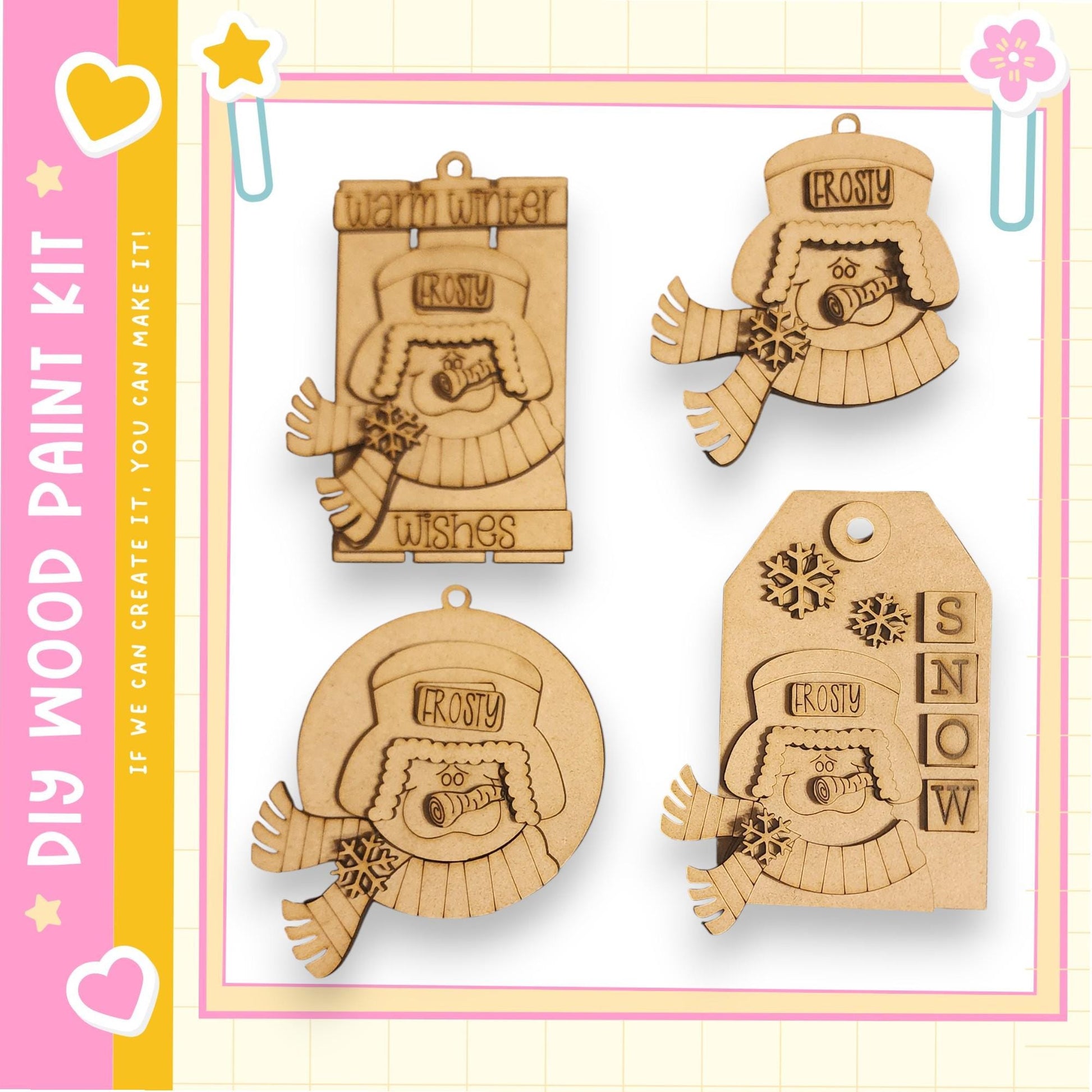 four wooden ornaments, each with a unique design and a winter theme. The ornaments are shaped like a snowman, a snowman with a hat, a snowman holding a snowflake, and a snowman wearing a scarf. The ornaments are displayed against a pink and yellow background, which complements the winter theme.