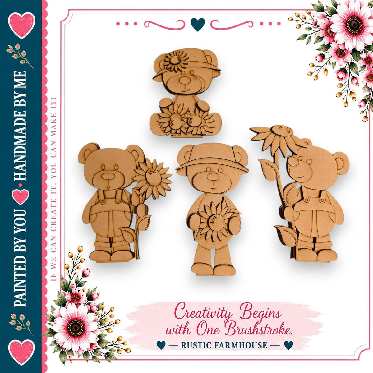 a collage of four wooden bear figurines, each holding a different flower, arranged in a square frame with a floral border.