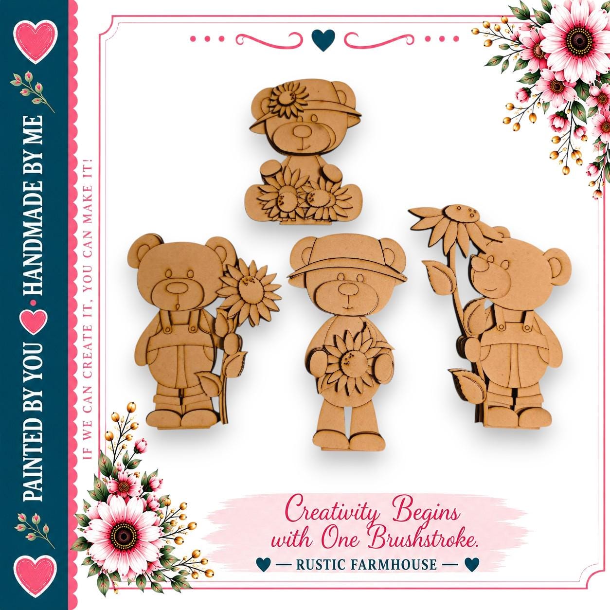 a collage of four wooden bear figurines, each holding a different flower, arranged in a square frame with a floral border.