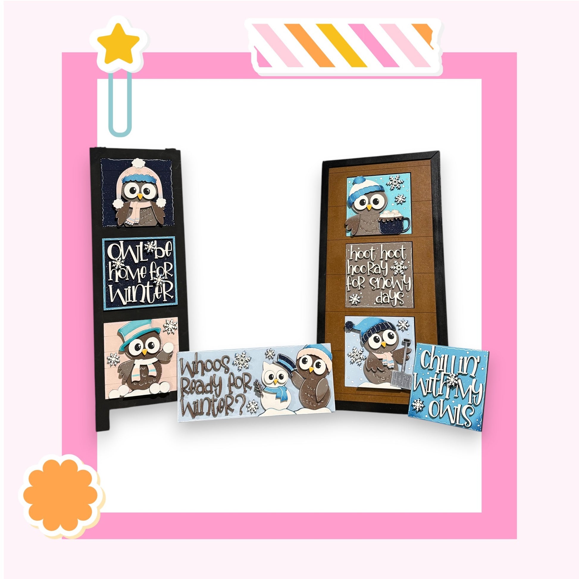 A collage of various owl-themed items, including posters, cards, and a frame, set against a pink background.