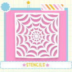 a large, intricate white spider web pattern on a pink background.