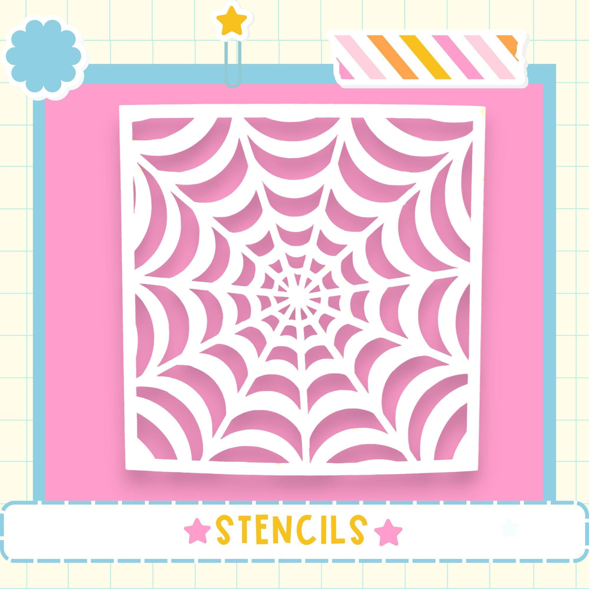 a large, intricate white spider web pattern on a pink background.