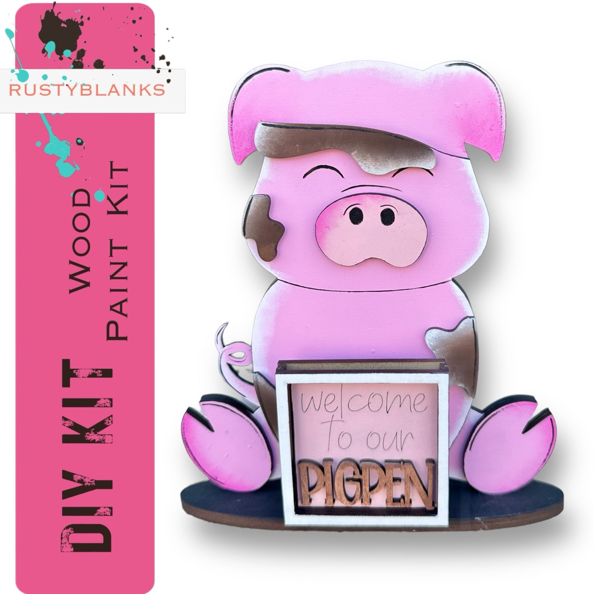 a pink pig holding a sign that says welcome to our pigen