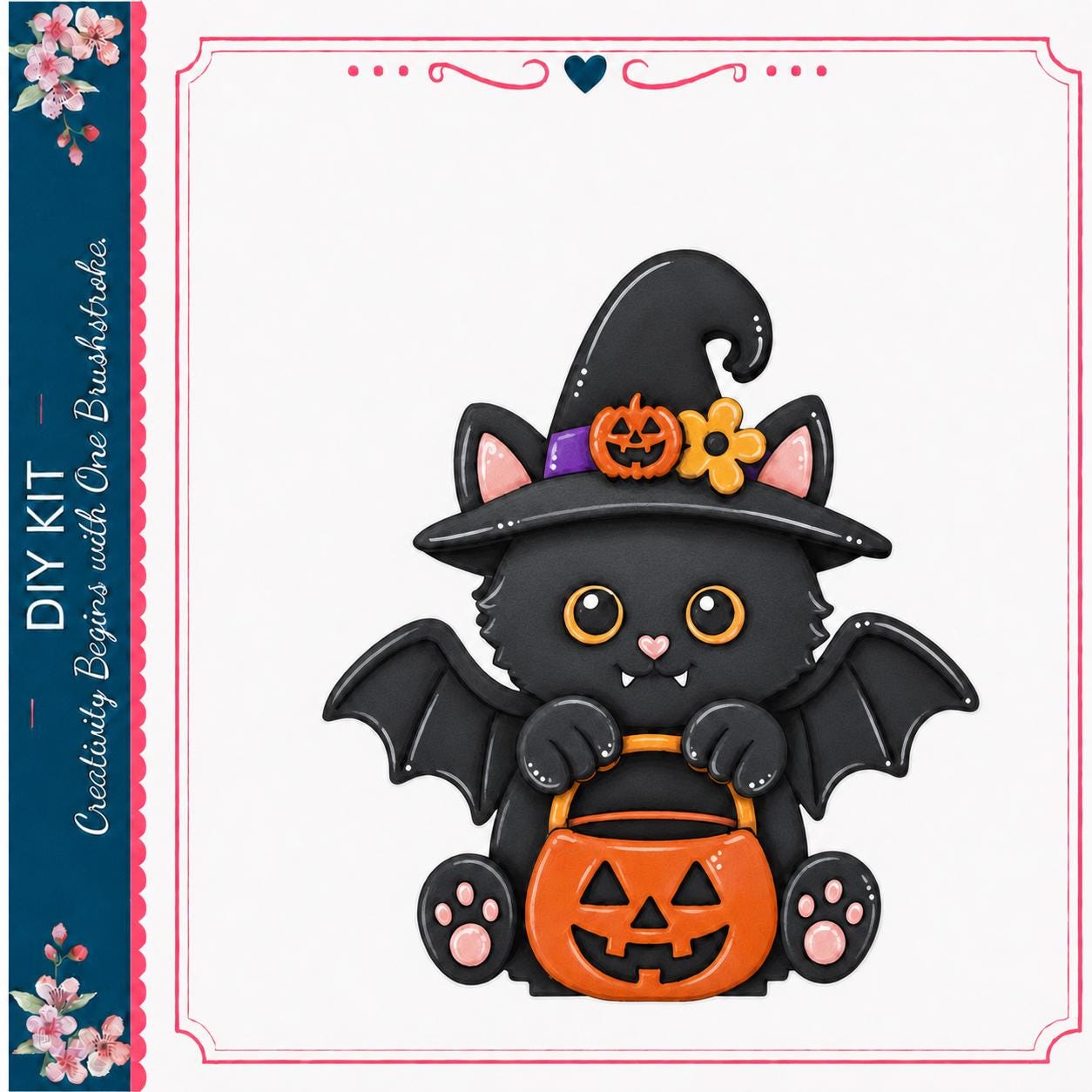 A black cat wearing a witch's hat and carrying a carved pumpkin is depicted in the image.