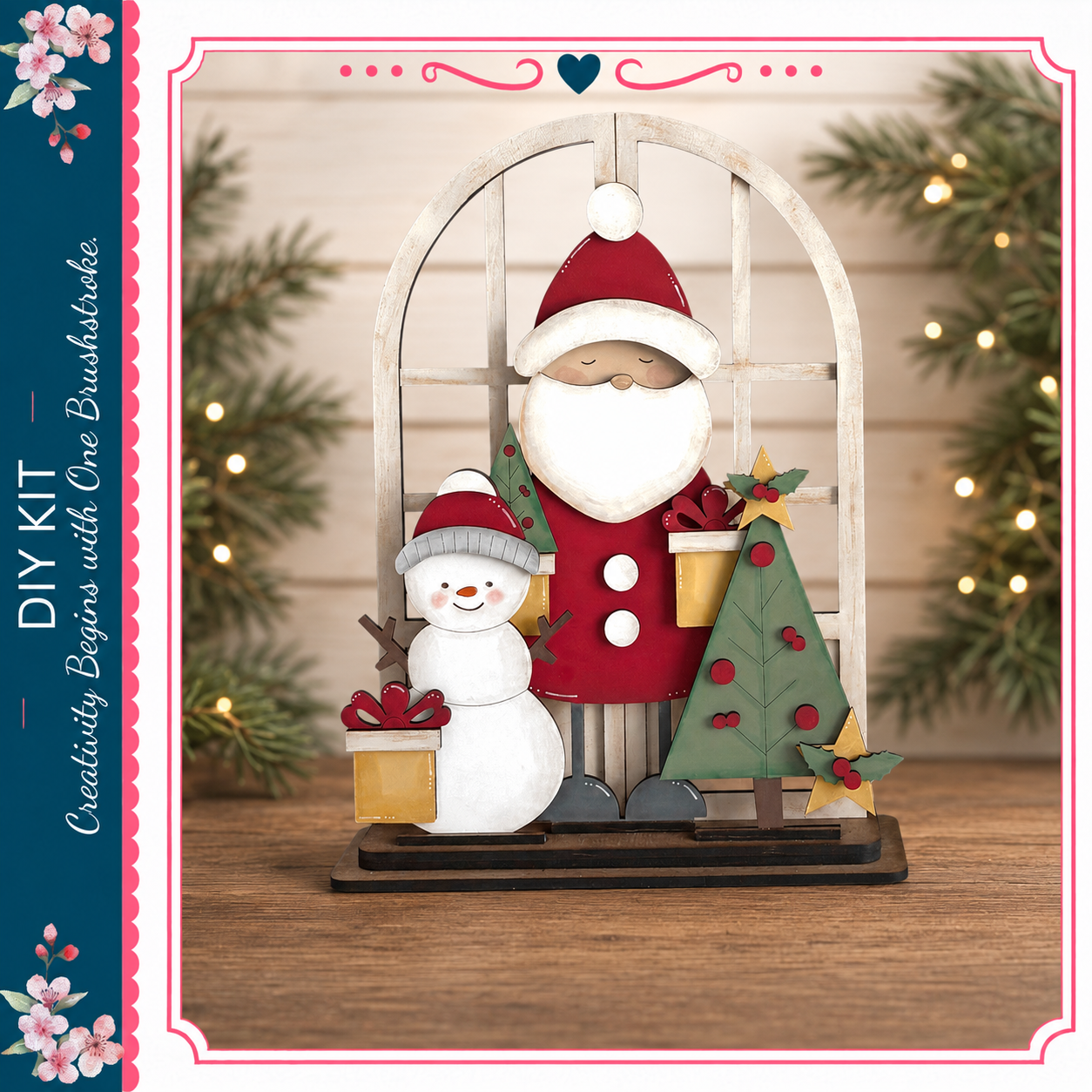 A wooden Christmas tree and a snowman are displayed on a wooden surface, with a decorative archway in the background.