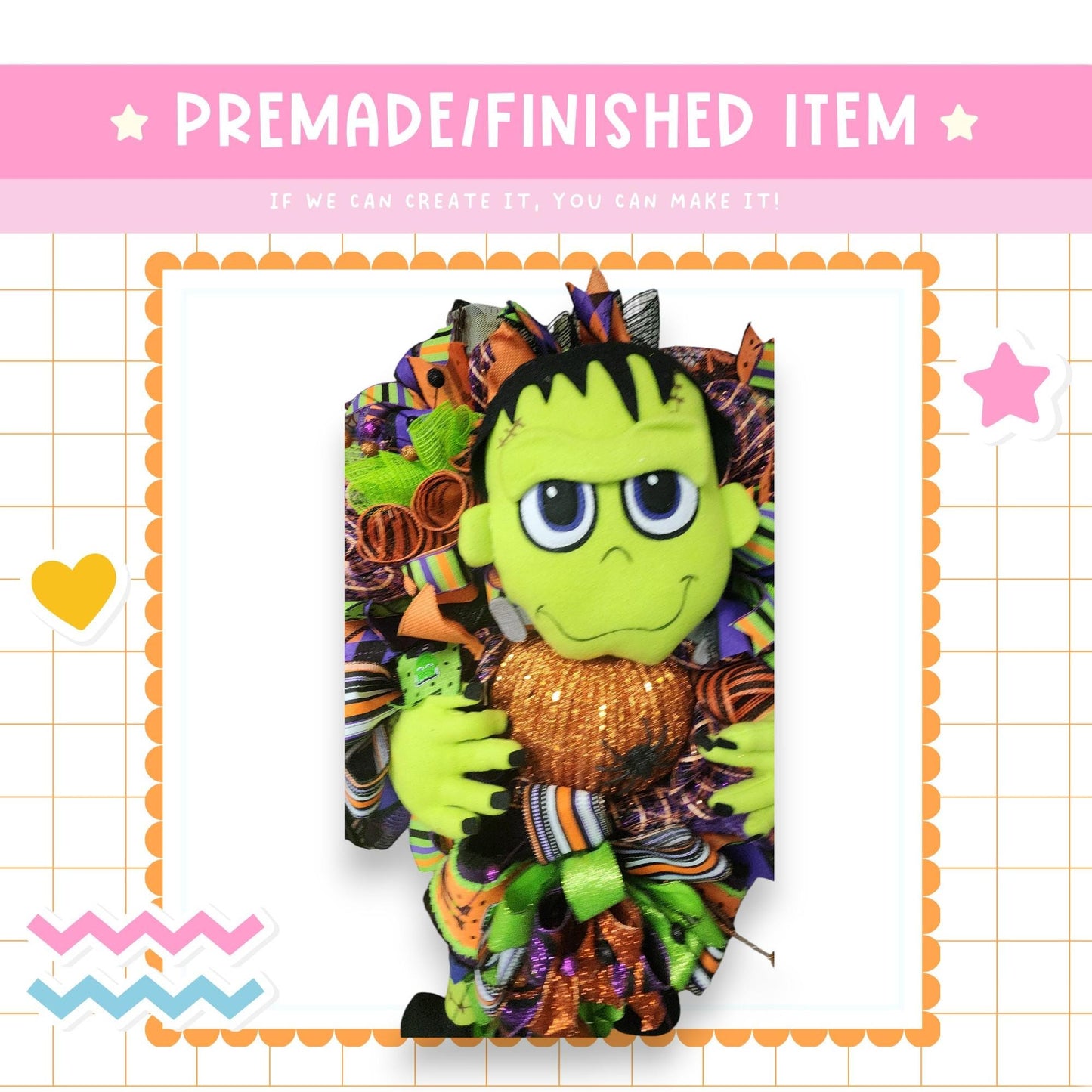 a Halloween-themed decoration with a green monster-like character holding a glittery pumpkin. The decoration is surrounded by a colorful border and includes a pink star and a heart.
