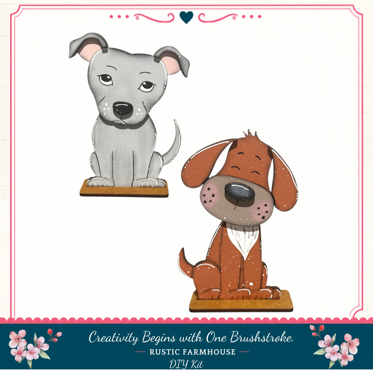 two cartoon dogs sitting on wooden platforms, with a decorative border and floral elements.