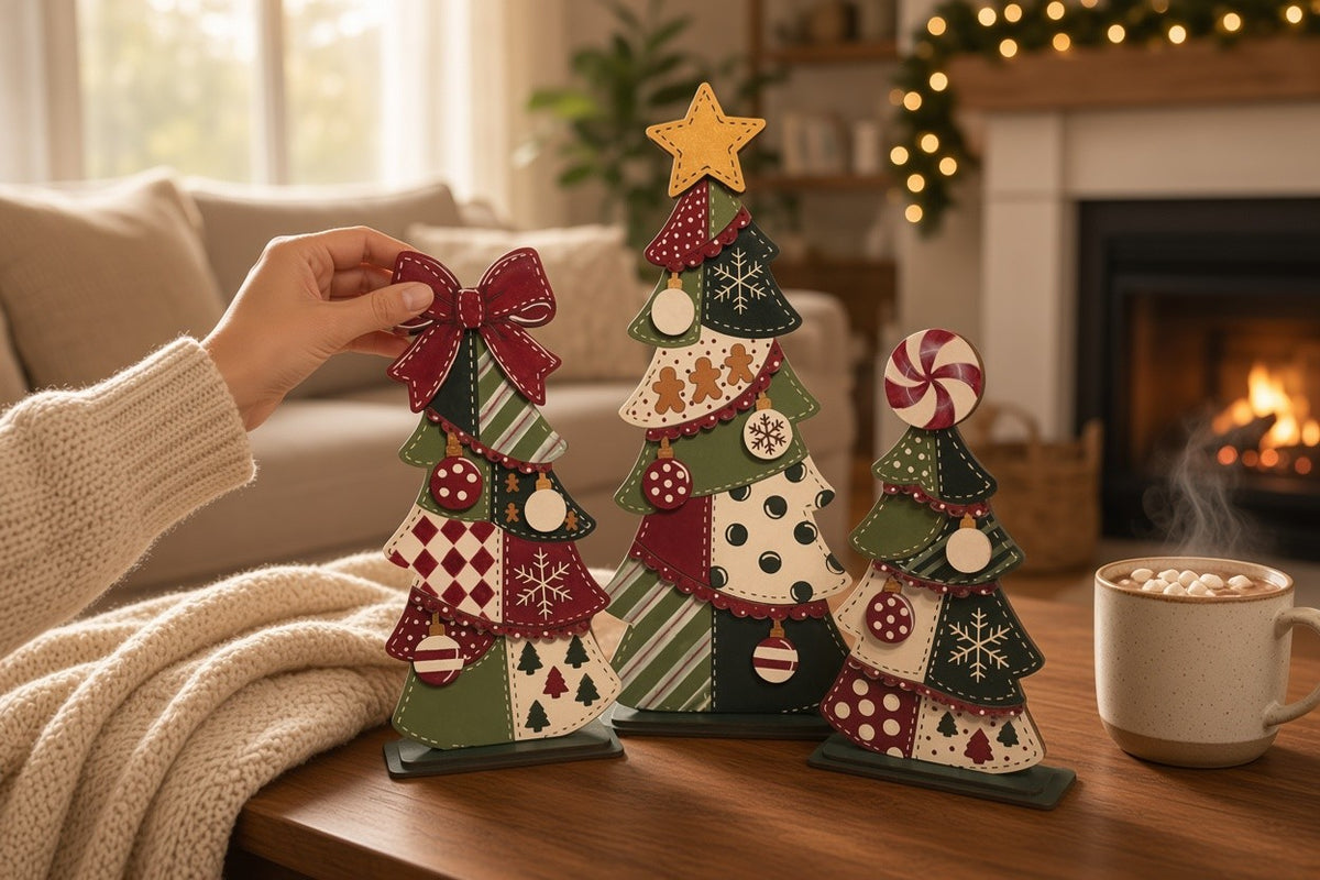 A hand is holding a red bow on a Christmas tree decoration, surrounded by other festive decorations on a table in front of a fireplace.