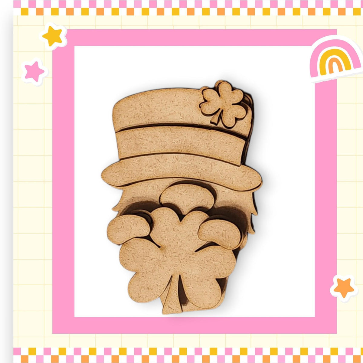 a wooden cutout of a lepreite with a rainbow in the background
