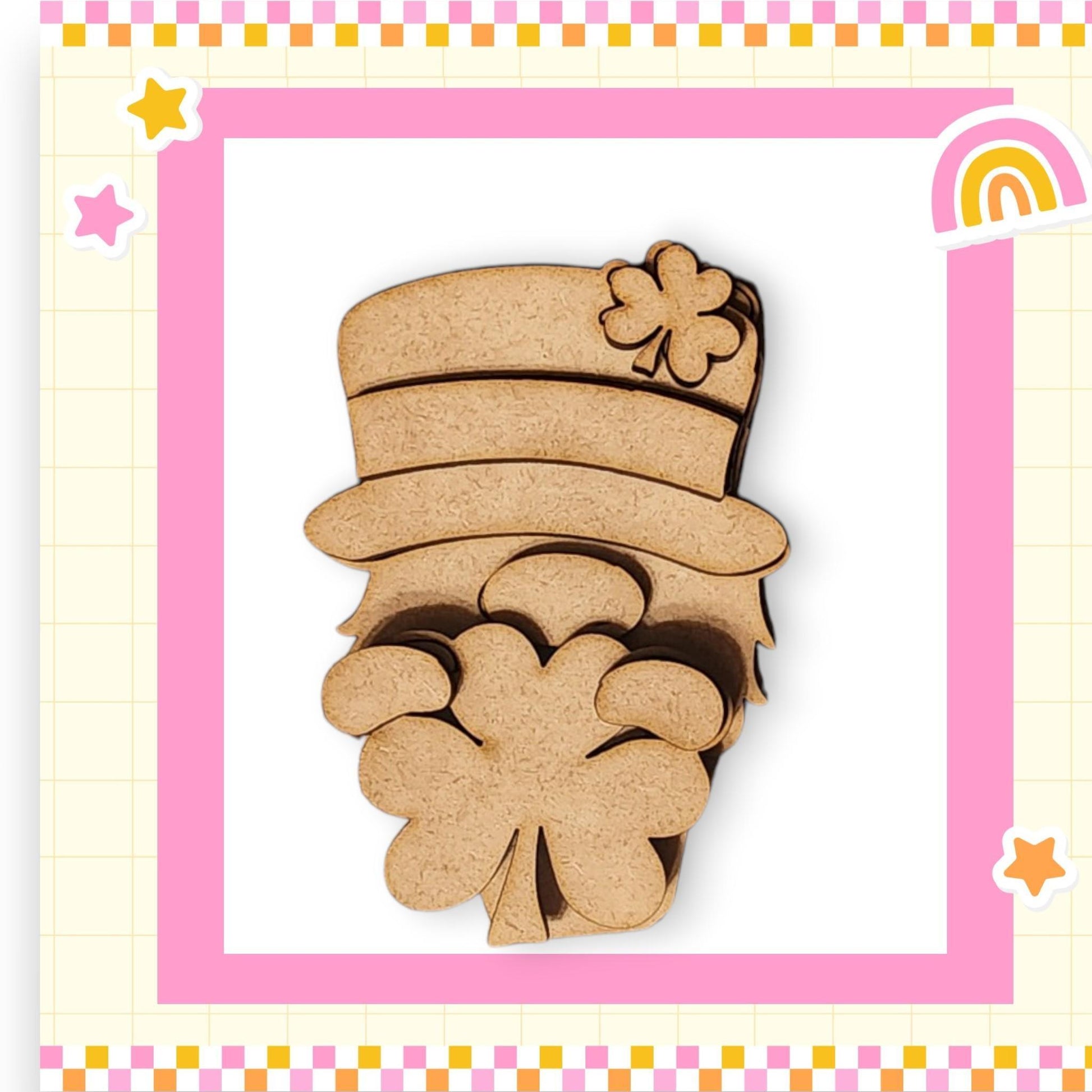 a wooden cutout of a lepreite with a rainbow in the background