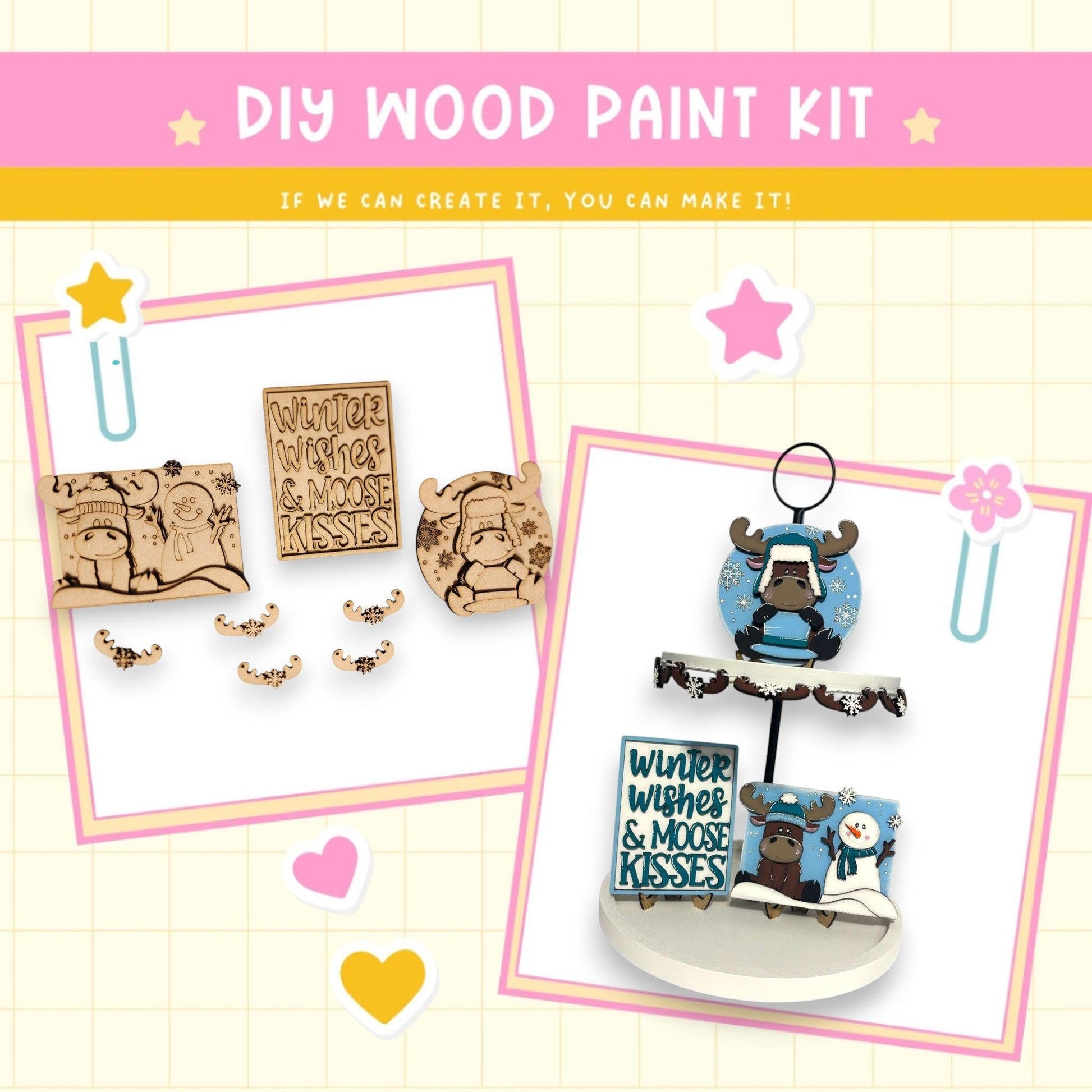 a wooden craft kit with a cake and other items