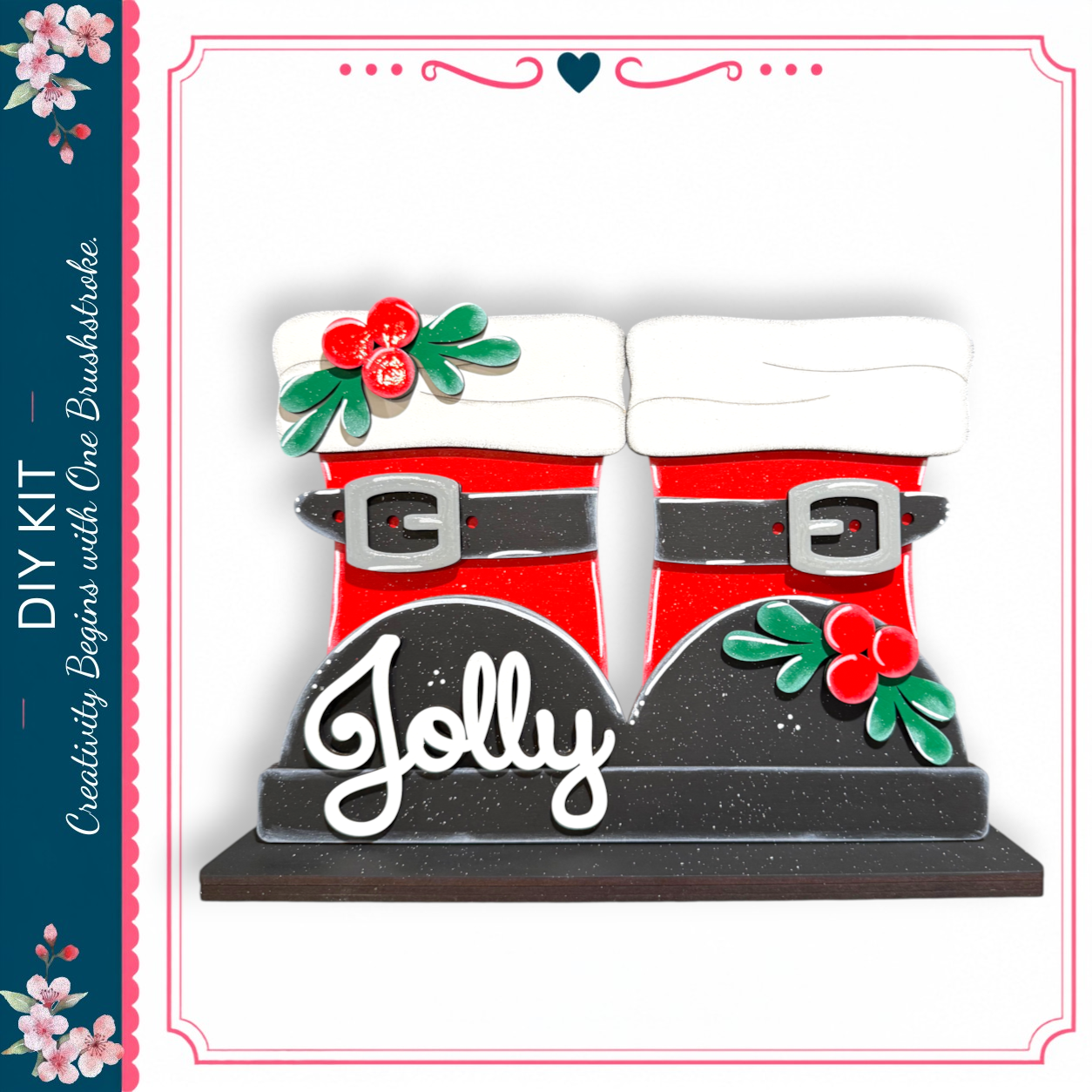 A pair of red and white Santa Claus boots with the word "Jolly" written on them, decorated with red berries and green leaves.