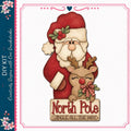 Santa Claus and a reindeer are depicted in a festive scene, with a sign that reads "North Pole Jingle all the way".