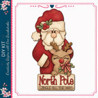 Santa Claus and a reindeer are depicted in a festive scene, with a sign that reads "North Pole Jingle all the way".