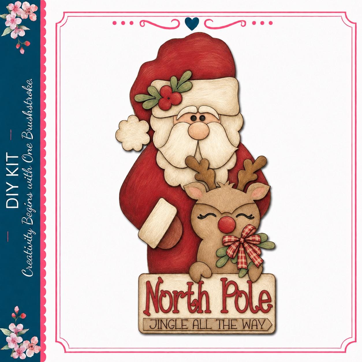 Santa Claus and a reindeer are depicted in a festive scene, with a sign that reads "North Pole Jingle all the way".
