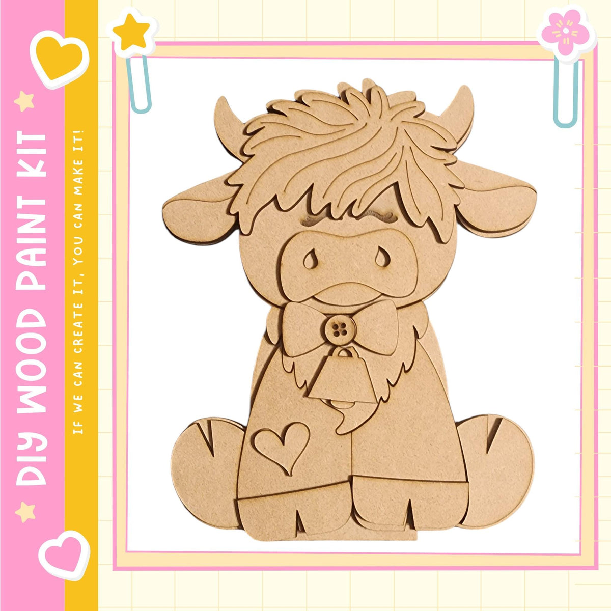 A wooden cutout of a cow with a bow tie, sitting on its hind legs.