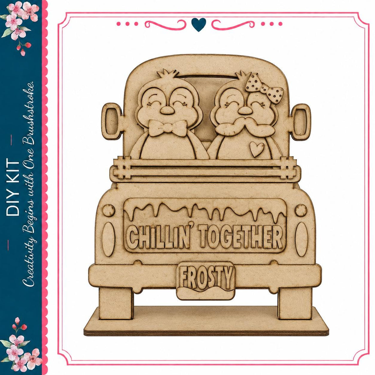 A wooden sign with the text "Chillin' together Frosty" carved into it, featuring two cartoon characters in the back of a truck.