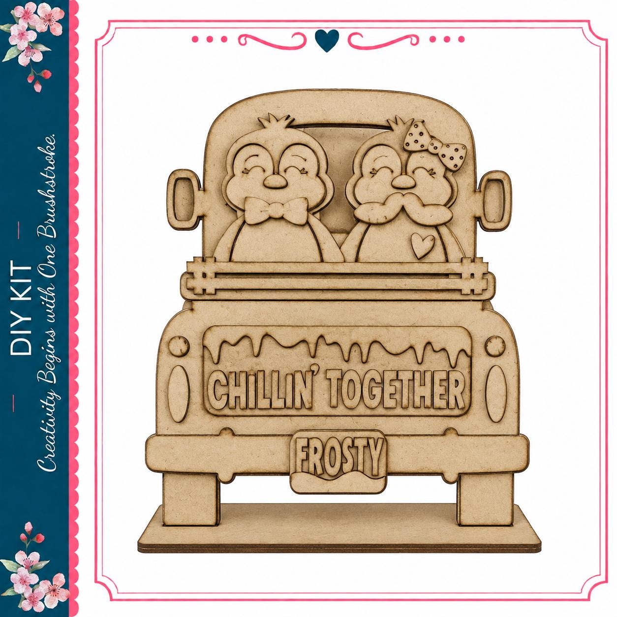A wooden sign with the text "Chillin' together Frosty" carved into it, featuring two cartoon characters in the back of a truck.