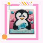 a card with a penguin and a fish on it