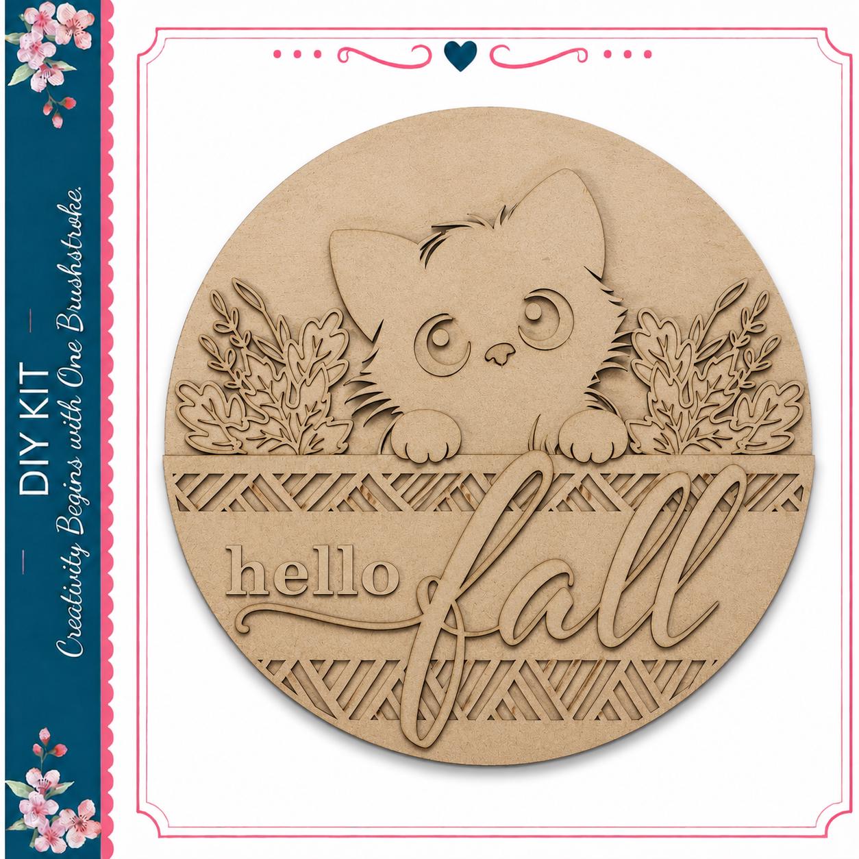 A wooden sign with a cat's face and the text "Hello Fall" carved into it.