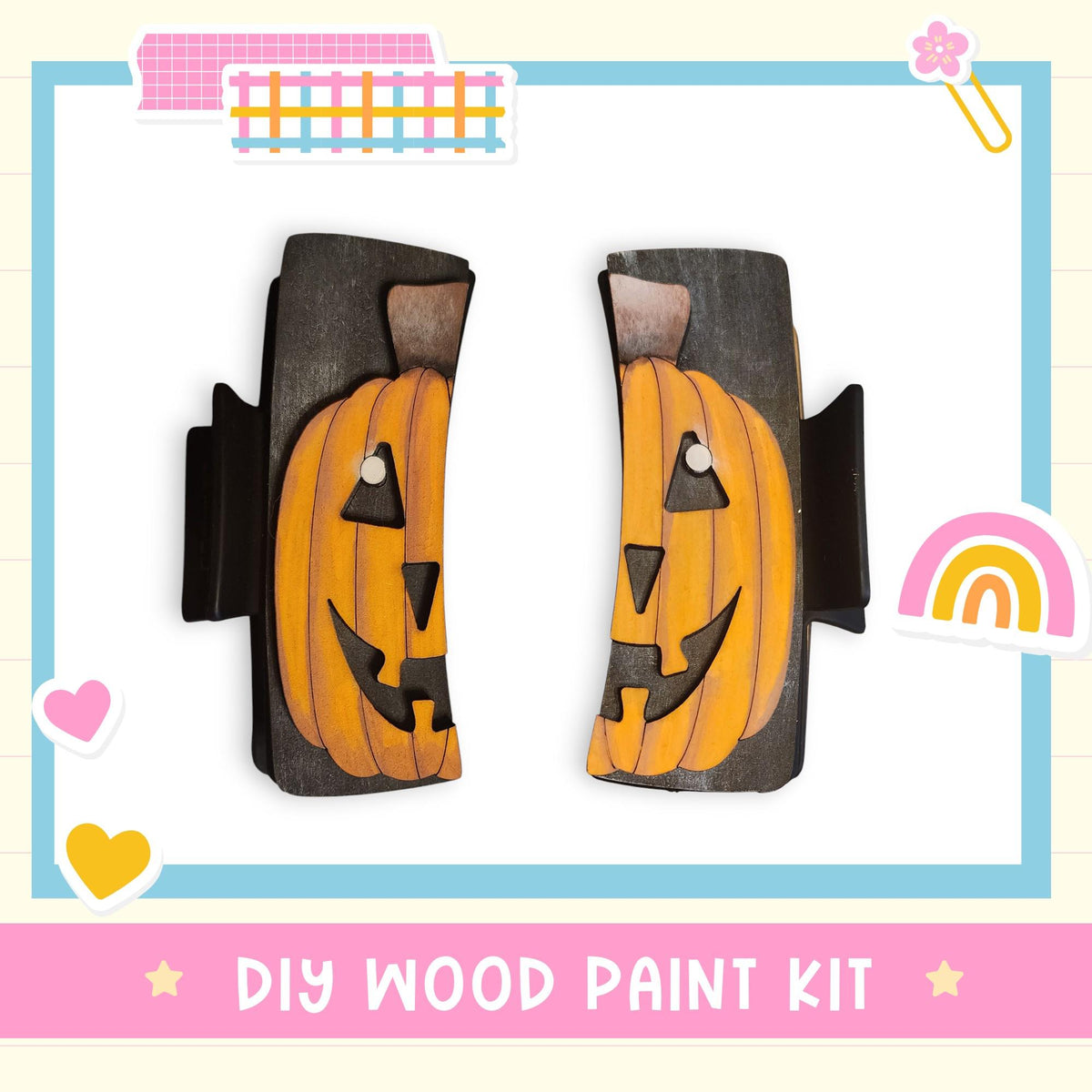 a DIY wood paint kit with two carved pumpkin-shaped pieces, one on each side, set against a white background.