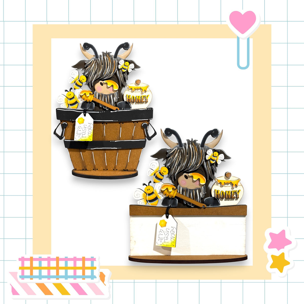 a whimsical scene with a cow-like character sitting in a wooden barrel, surrounded by honey jars and a honeycomb. The cow character has a playful expression and is surrounded by various honey-related items, creating a charming and honey-themed scene.