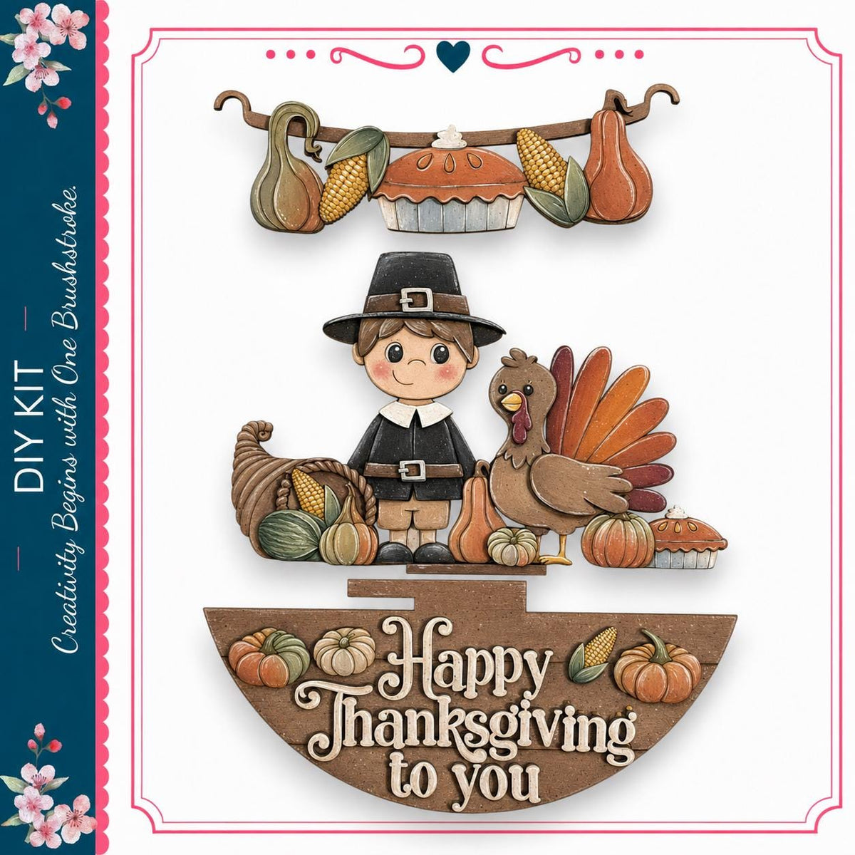 A cheerful illustration of a young boy dressed in a Pilgrim's outfit, surrounded by various autumn-themed objects such as pumpkins, gourds, and a turkey. The text "Happy Thanksgiving to you" is displayed prominently in the image.