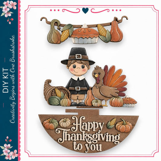 A cheerful illustration of a young boy dressed in a Pilgrim's outfit, surrounded by various autumn-themed objects such as pumpkins, gourds, and a turkey. The text "Happy Thanksgiving to you" is displayed prominently in the image.