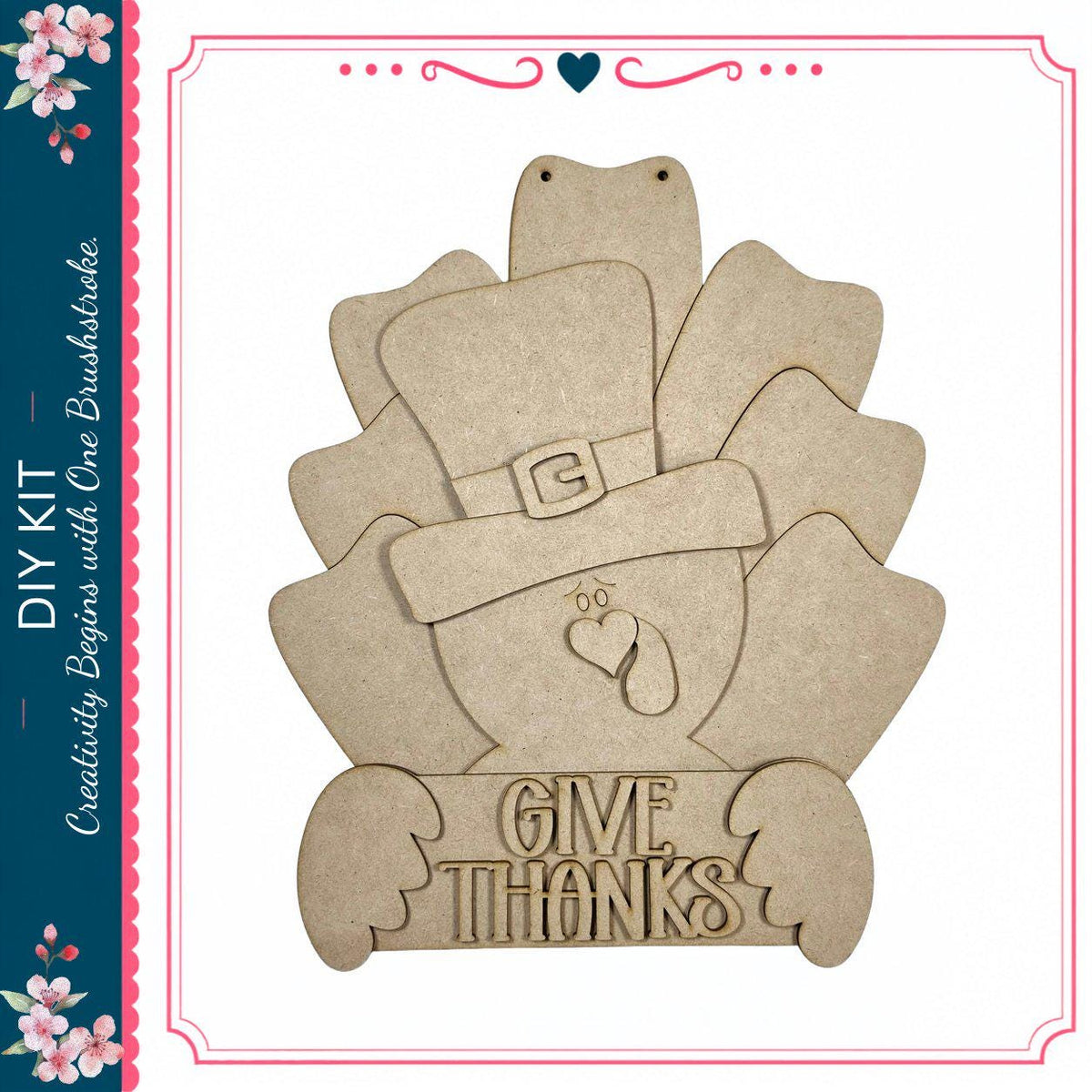 A wooden turkey decoration with the text "GIVE THANKS" on it.