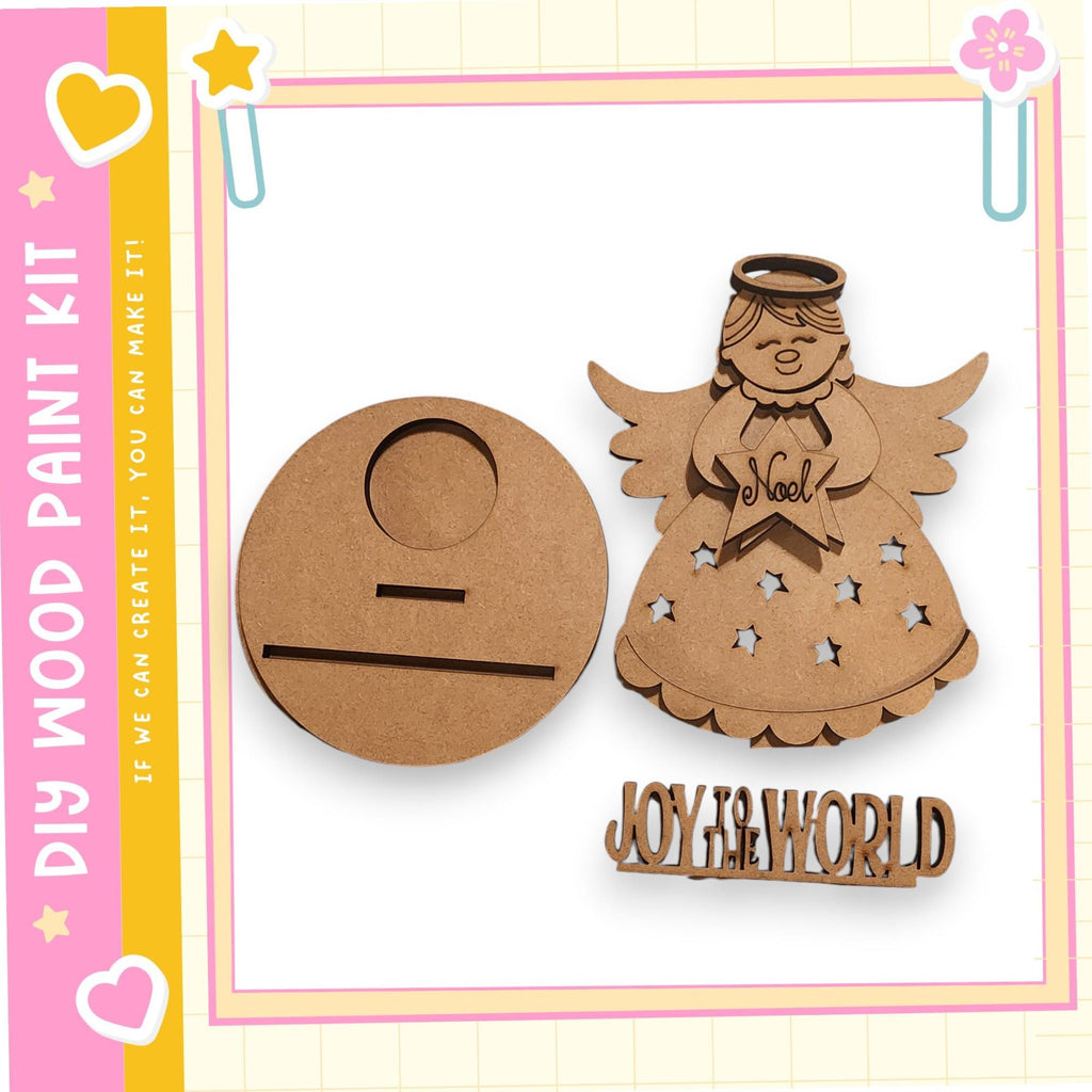 a DIY paint kit for creating a wooden angel, with a wooden angel figure and a wooden paint tray.