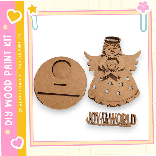 a DIY paint kit for creating a wooden angel, with a wooden angel figure and a wooden paint tray.