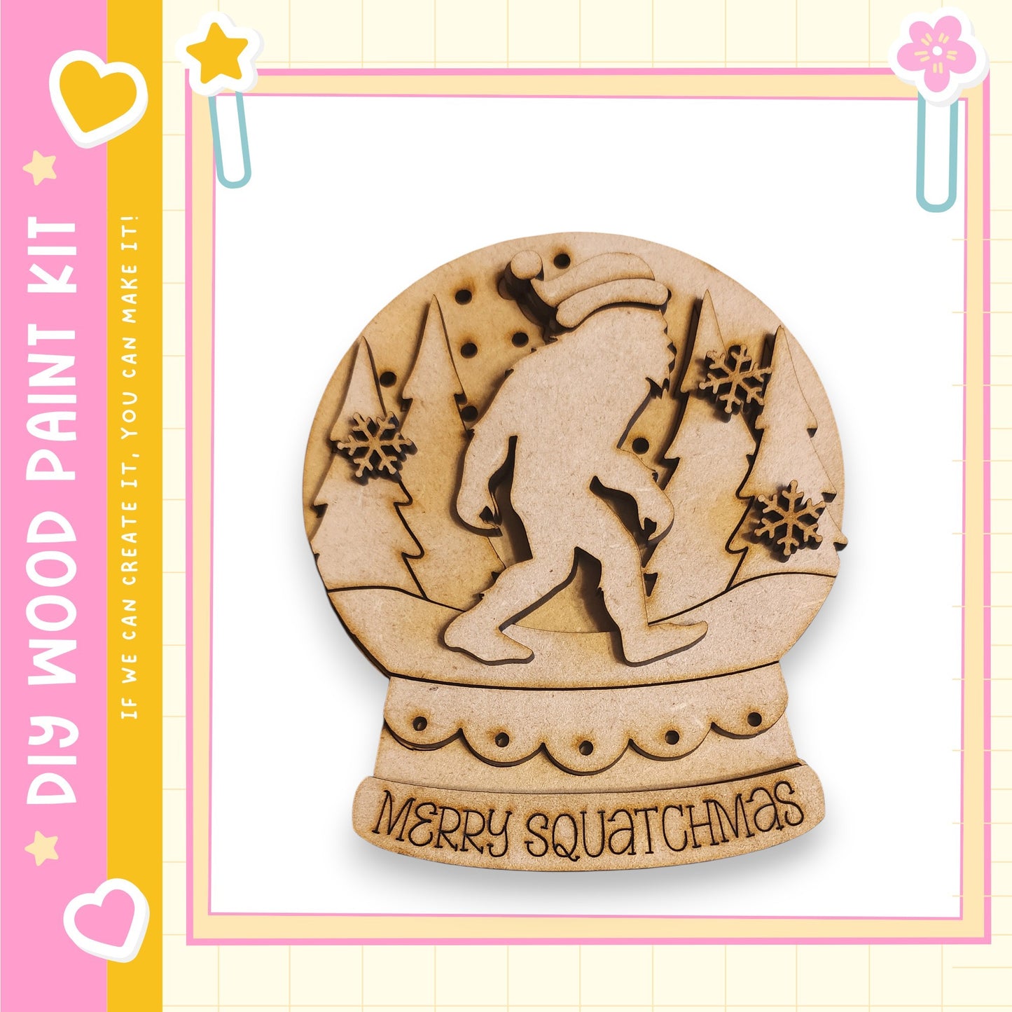 A wooden snow globe with a silhouette of a Sasquatch figure, surrounded by snowflakes and trees, with the text "Merry Squatchmas" written on it.