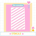 a pink and white striped object, which appears to be a stencil. The word "Re-useable" is displayed above the stencil, indicating that it can be used multiple times. The image is part of a collection of images, as indicated by the word "STENCILS" at the bottom of the image.