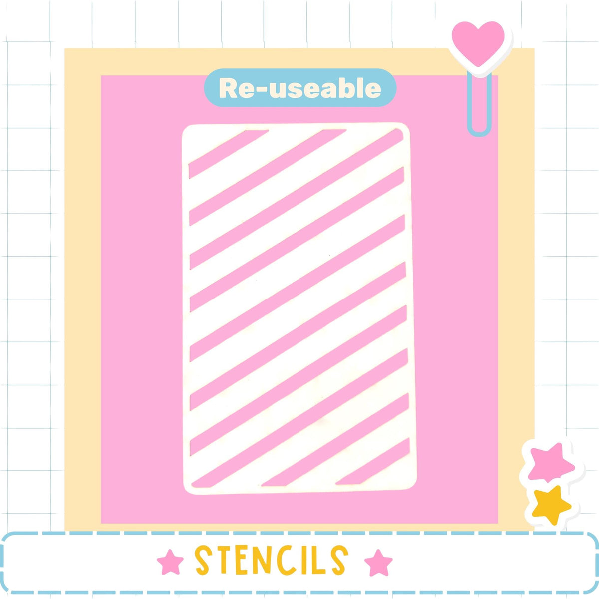 a pink and white striped object, which appears to be a stencil. The word "Re-useable" is displayed above the stencil, indicating that it can be used multiple times. The image is part of a collection of images, as indicated by the word "STENCILS" at the bottom of the image.