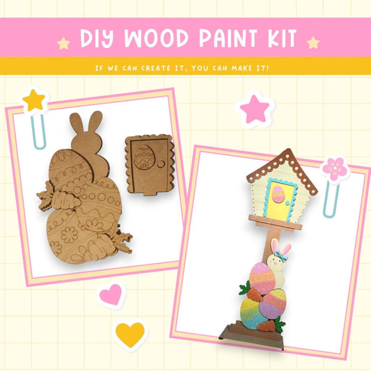 a wooden craft kit with a bunny and a bird