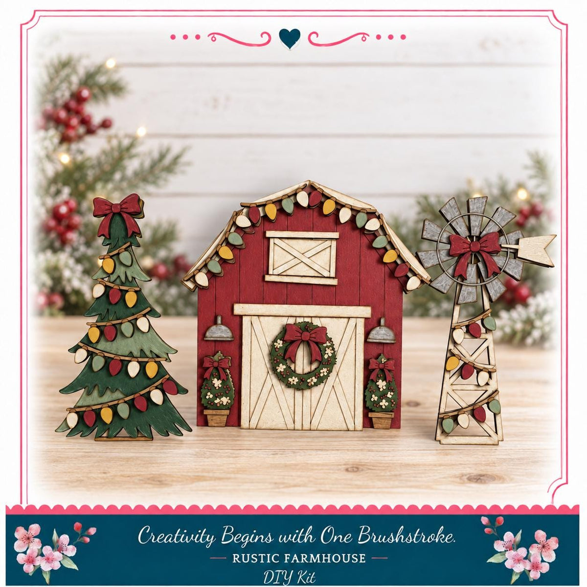 A rustic farmhouse-style decoration with a Christmas tree, a windmill, and a wreath, all set against a backdrop of pine trees and red berries.