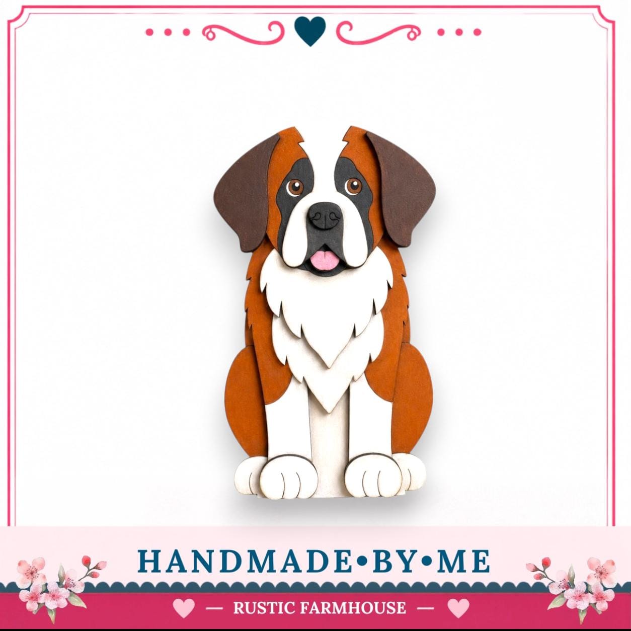 A hand-made wooden cutout of a Saint Bernard dog, with a rustic farmhouse theme.