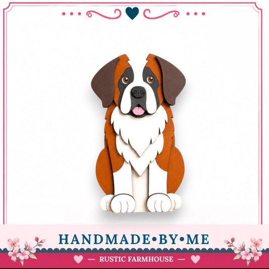 A hand-made wooden cutout of a Saint Bernard dog, with a rustic farmhouse theme.