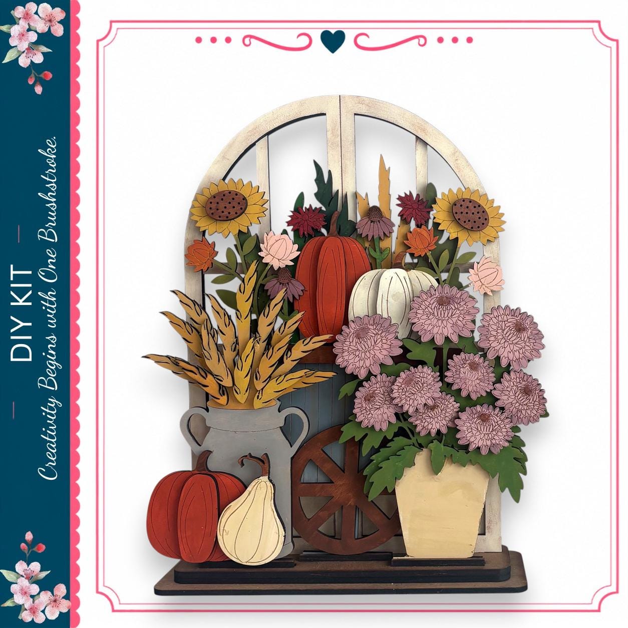 The image is a collage of various fall-themed elements, including a wooden archway, a vase of flowers, pumpkins, and a spindle wheel.