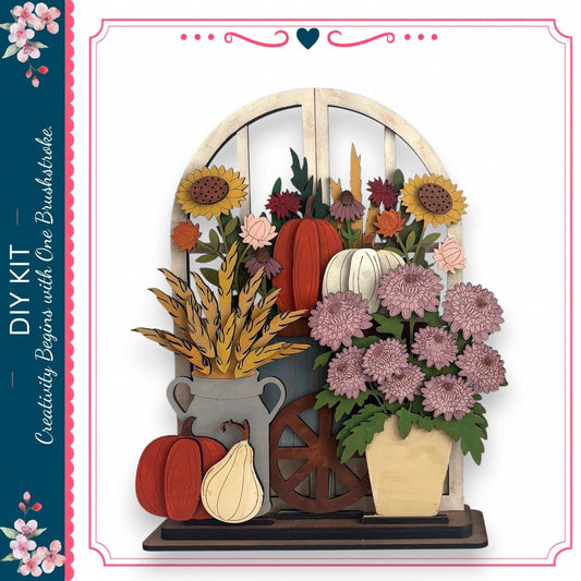 The image is a collage of various fall-themed elements, including a wooden archway, a vase of flowers, pumpkins, and a spindle wheel.