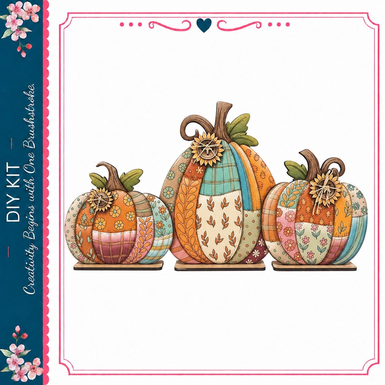 three decorative pumpkins with various patterns and colors, arranged in a row.