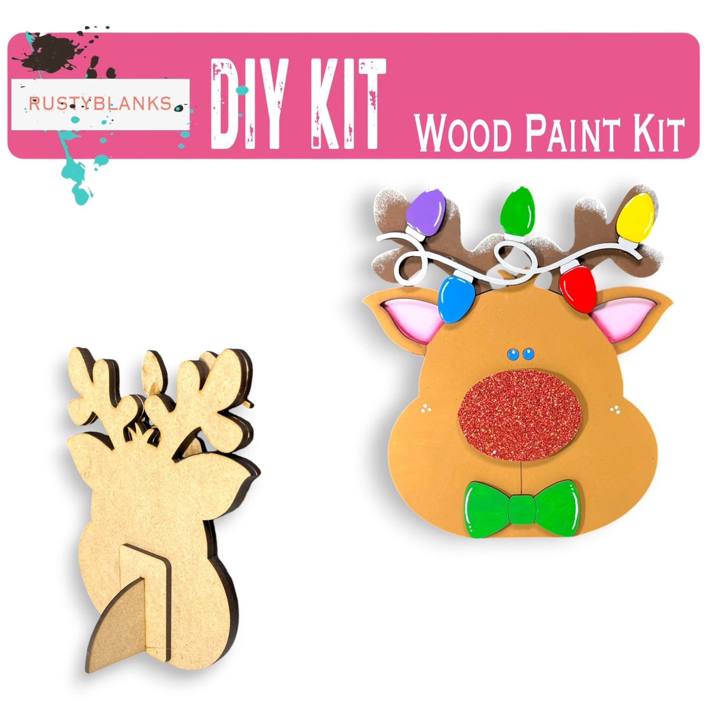 a wooden craft kit with a reindeer and a reindeer head