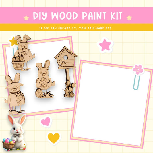 a wooden craft kit with a picture of a rabbit and a birdhouse