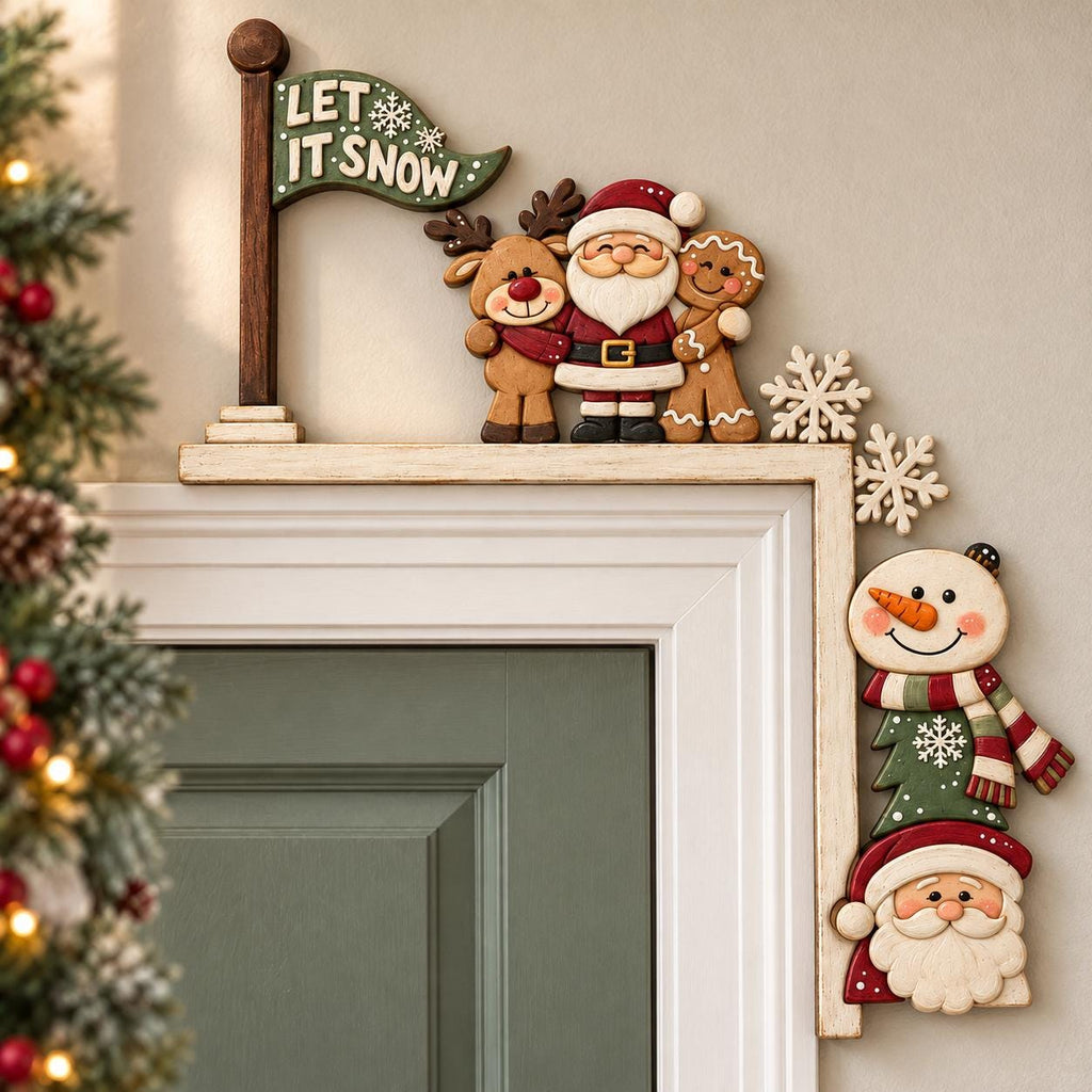 a festive holiday scene with a Christmas tree, Santa Claus, a gingerbread man, and a snowman. The decorations are arranged on a wall, creating a cheerful and seasonal atmosphere.