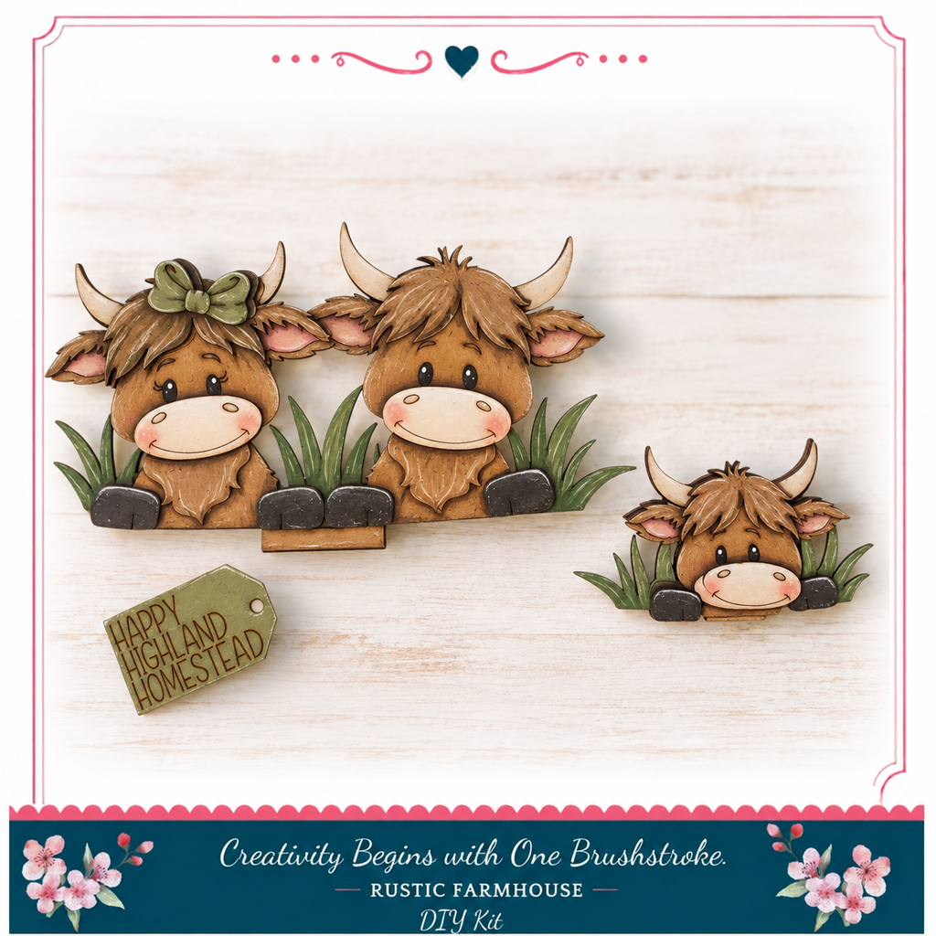 A wooden cutout of three cartoon cows, two larger and one smaller, sitting in the grass with a tag that says "Happy Highland Homestead" and a heart-shaped decoration above them.