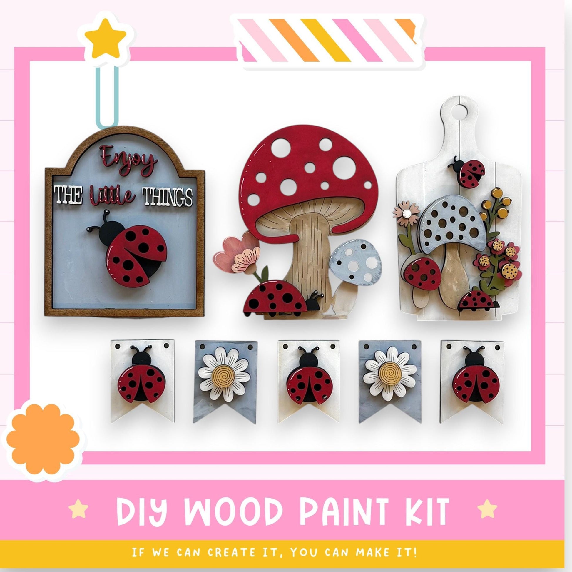 The image is a colorful and whimsical DIY wood paint kit featuring various wooden shapes and decorations, including ladybugs, mushrooms, and flowers, arranged in a playful and imaginative manner.
