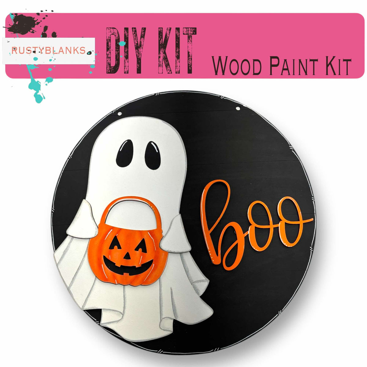 a Halloween-themed DIY kit, including a wooden paint kit and a ghost decoration.